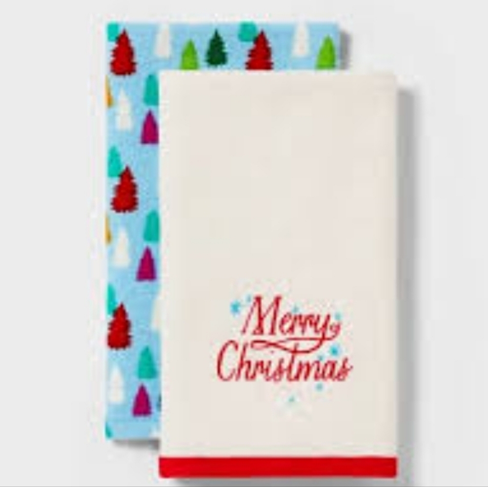 New! Wondershop Colorful Christmas Tree and Merry Christmas Set of 2 Hand Towels